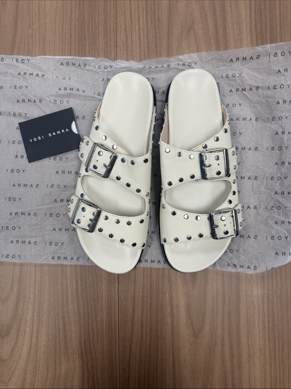 Yosi Samra Ivory Double Buckle Studded Slide Sandals